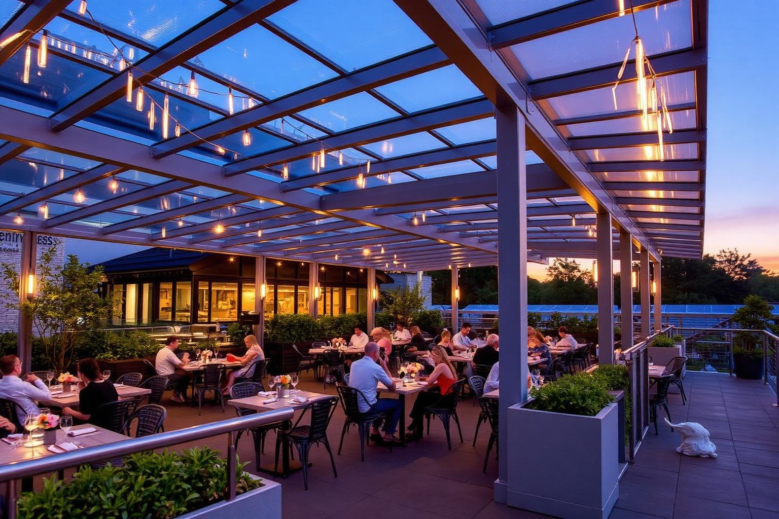 Taras restauracji zadaszony konstrukcją szklano-aluminiową wieczorem