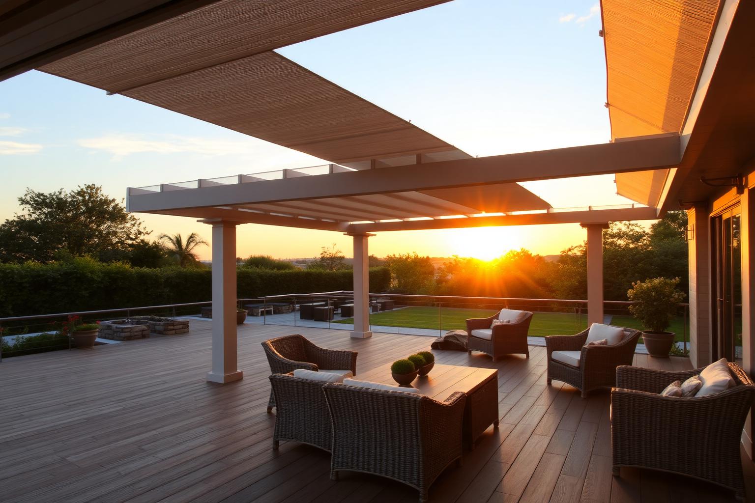 Pergola bioklimatyczna z lamelowym dachem nad tarasem o zachodzie słońca