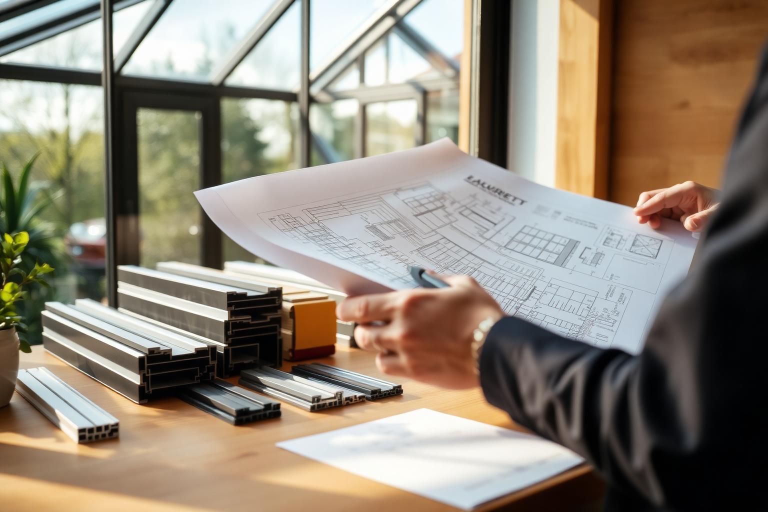 Architekt analizujący rysunki techniczne ogrodu zimowego obok próbek profili aluminiowych