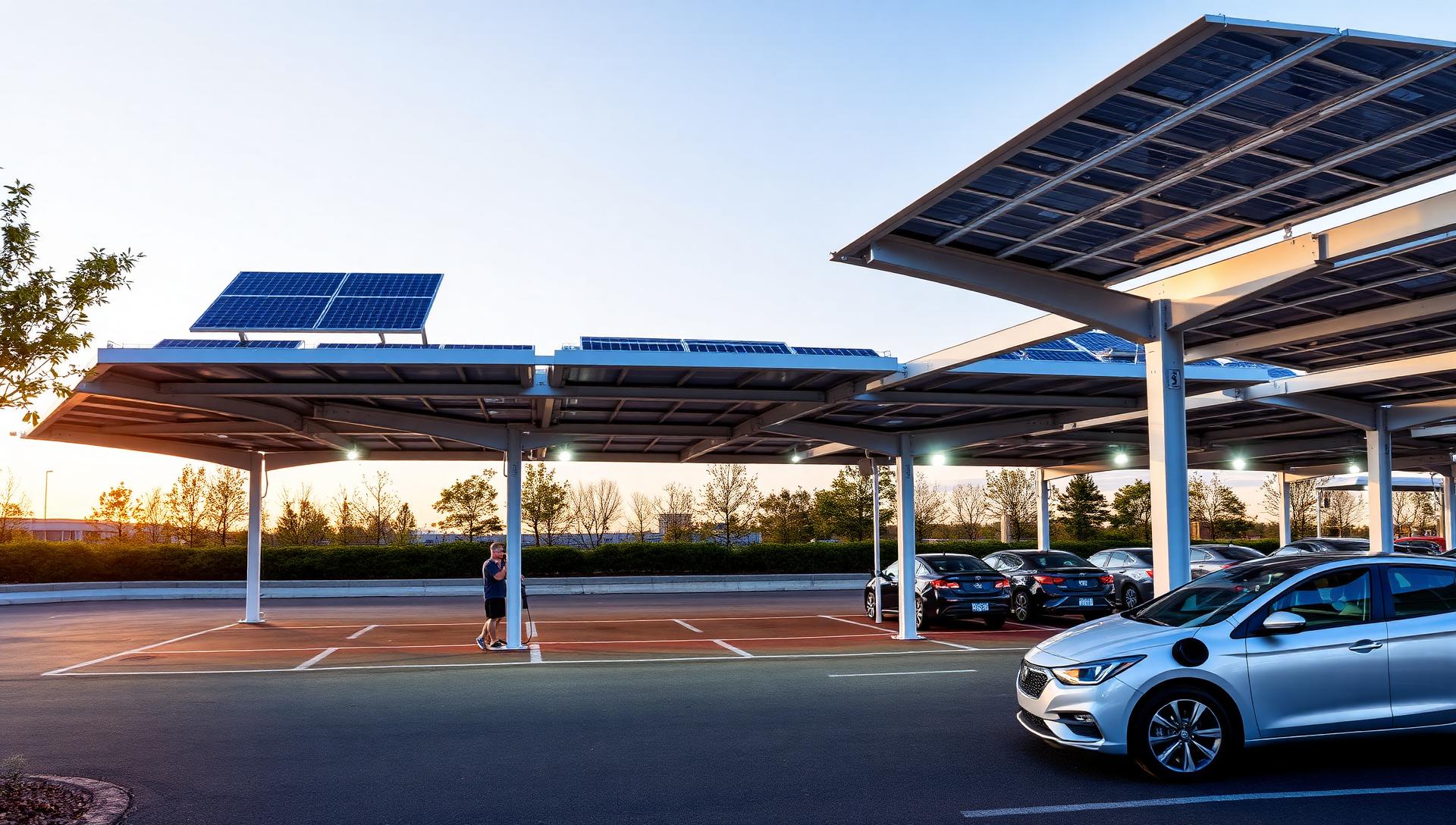Ciąg carportów z modułami PV na parkingu firmowym