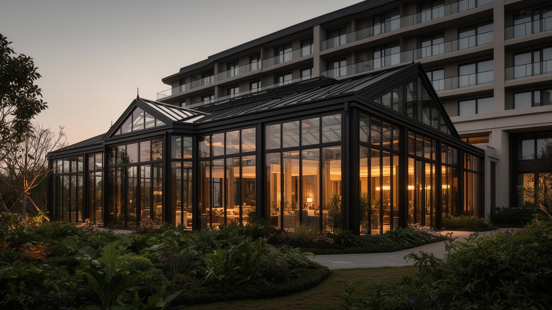 Panoramiczny widok dużego ogrodu zimowego przy hotelu o zmierzchu