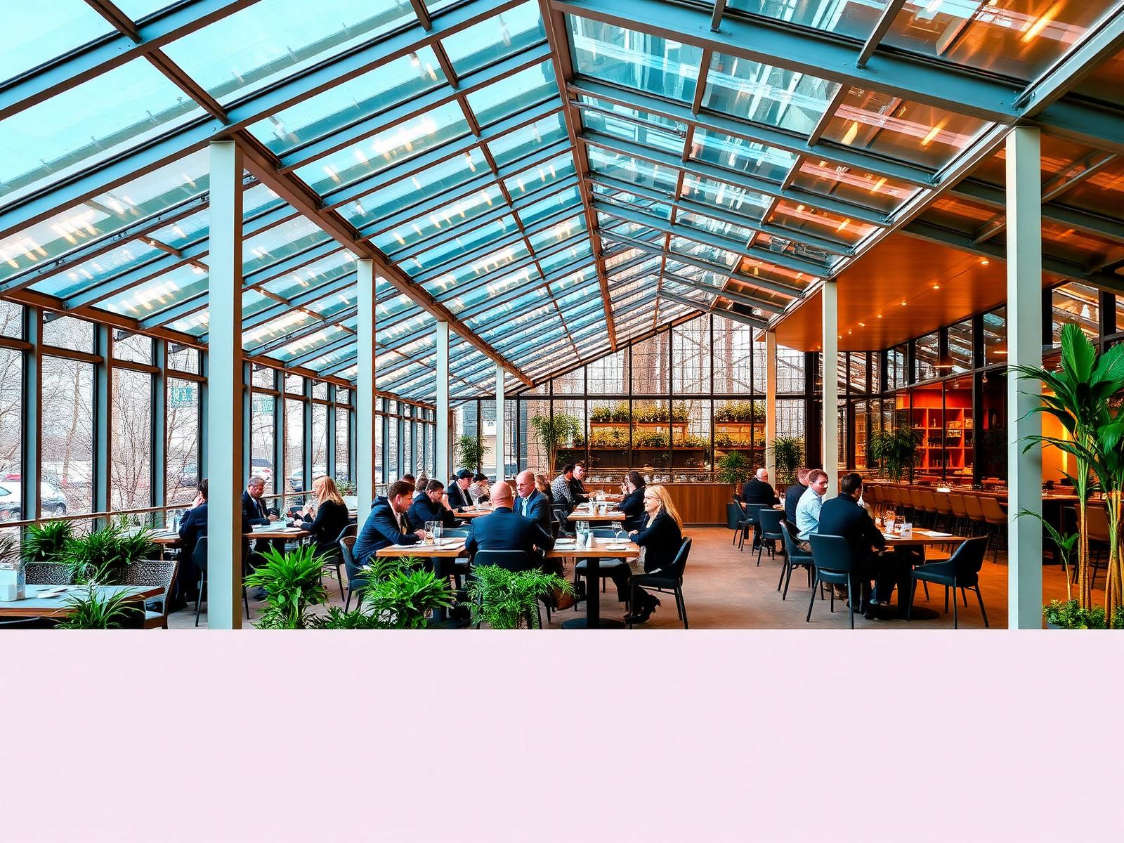 Wnętrze ogrodu zimowego dołączonego do restauracji — goście przy stolikach